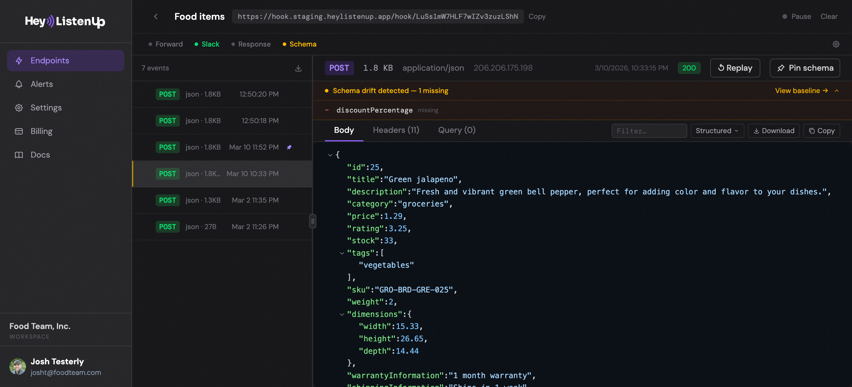 HeyListenUp endpoint inspector showing schema drift detection